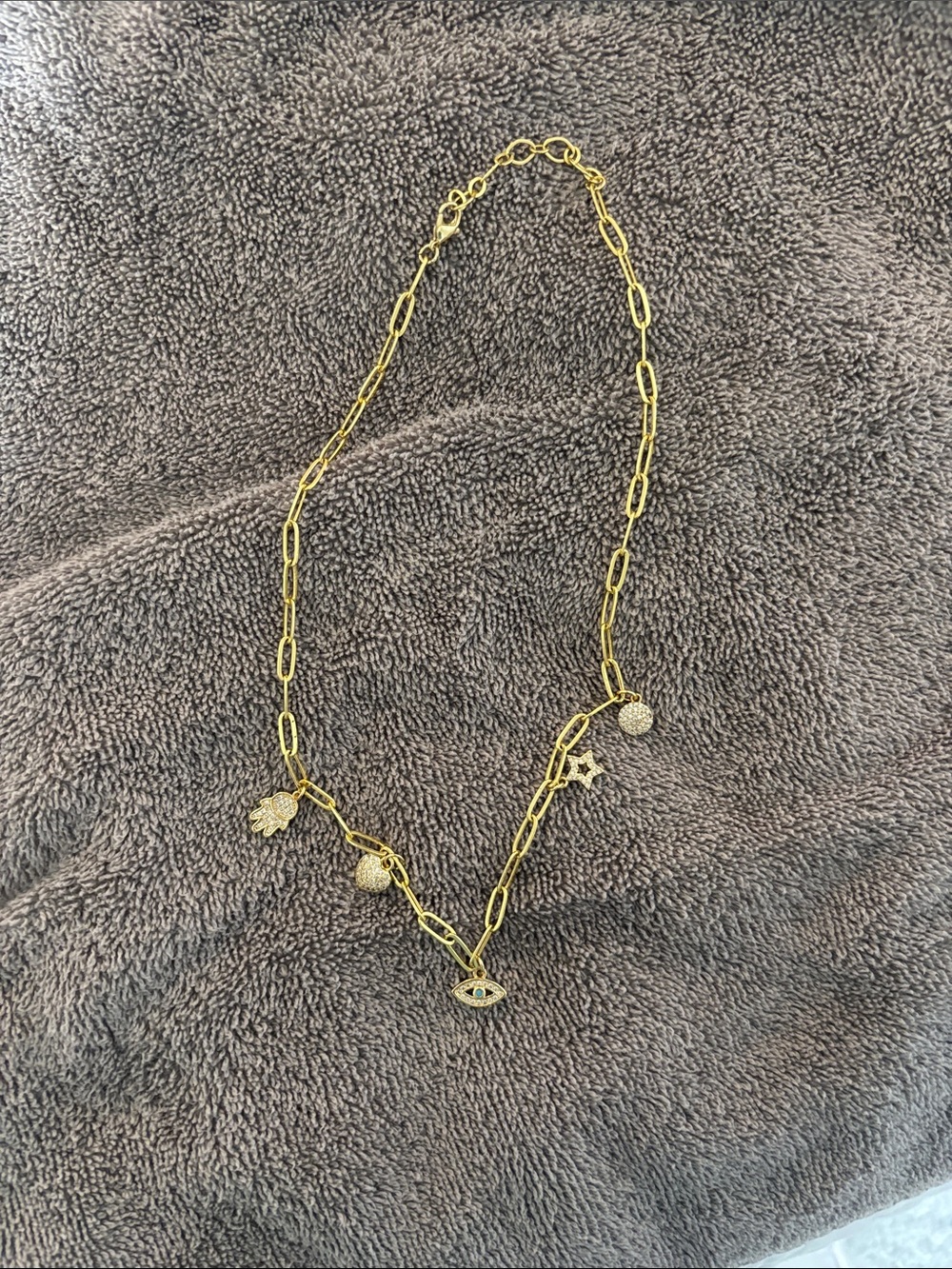 Gold Charm Paperclip Chain Necklace with Eye & Star Charms